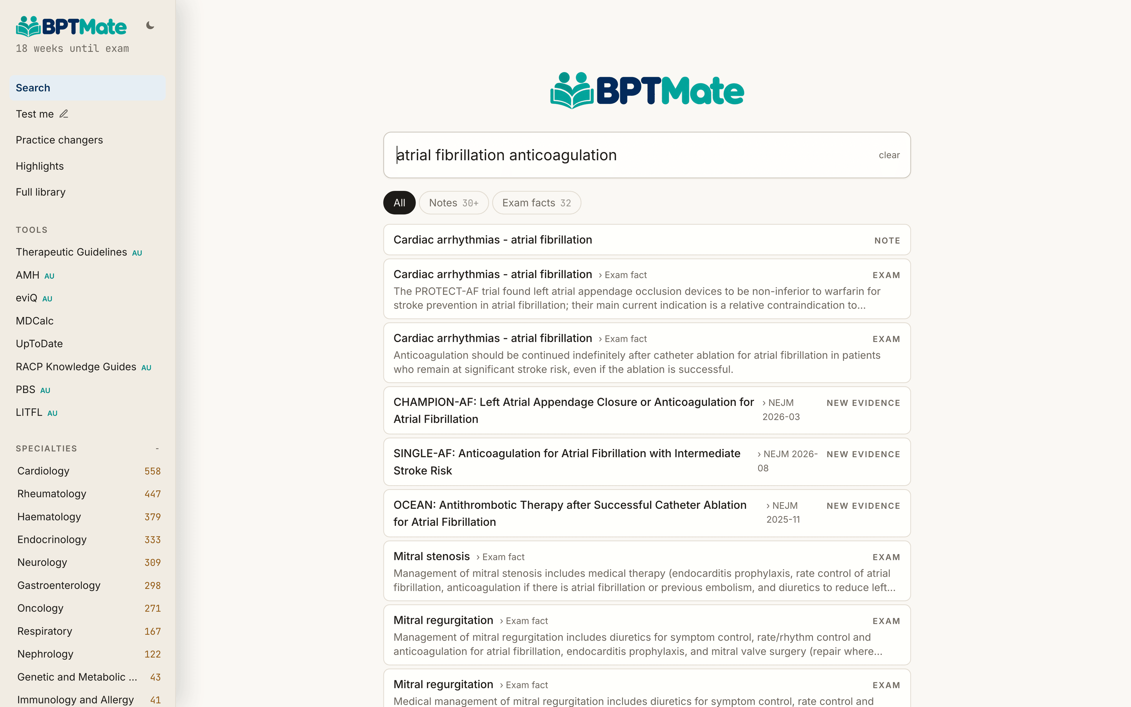 BPTMate search: typing 'atrial fibrillation anticoagulation' returns the note, its exam facts and new trials as you type